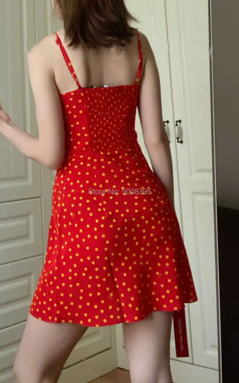 

Red Silk dot print Mini dress THIN Strappy Drawstring Tied Bust Sleeveless Short dress 2021