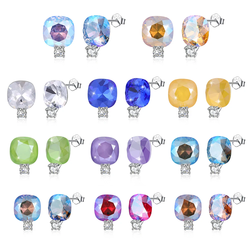 

SILVERHOO 925 Sterling Silver Fine Jewelry Stud Earrings For Women Geometry Colorful Austria Crystal With Shining 5A Zircon Gift