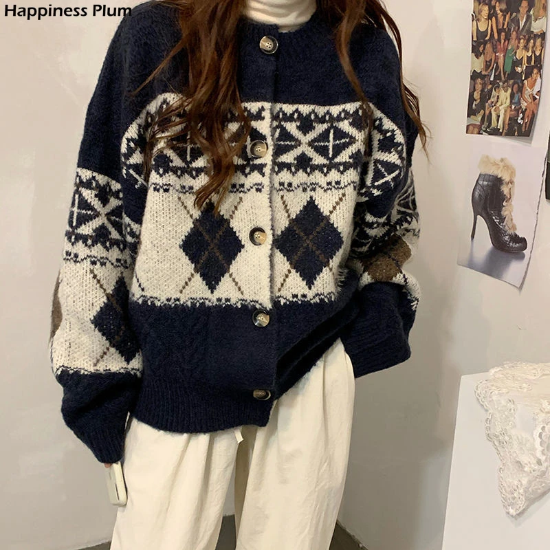 

Autumn Winter 2021 New Retro Jacquard Knitted Loose Large Size Single-breasted Cardigans Round Neck Long-sleeved Sweater Women