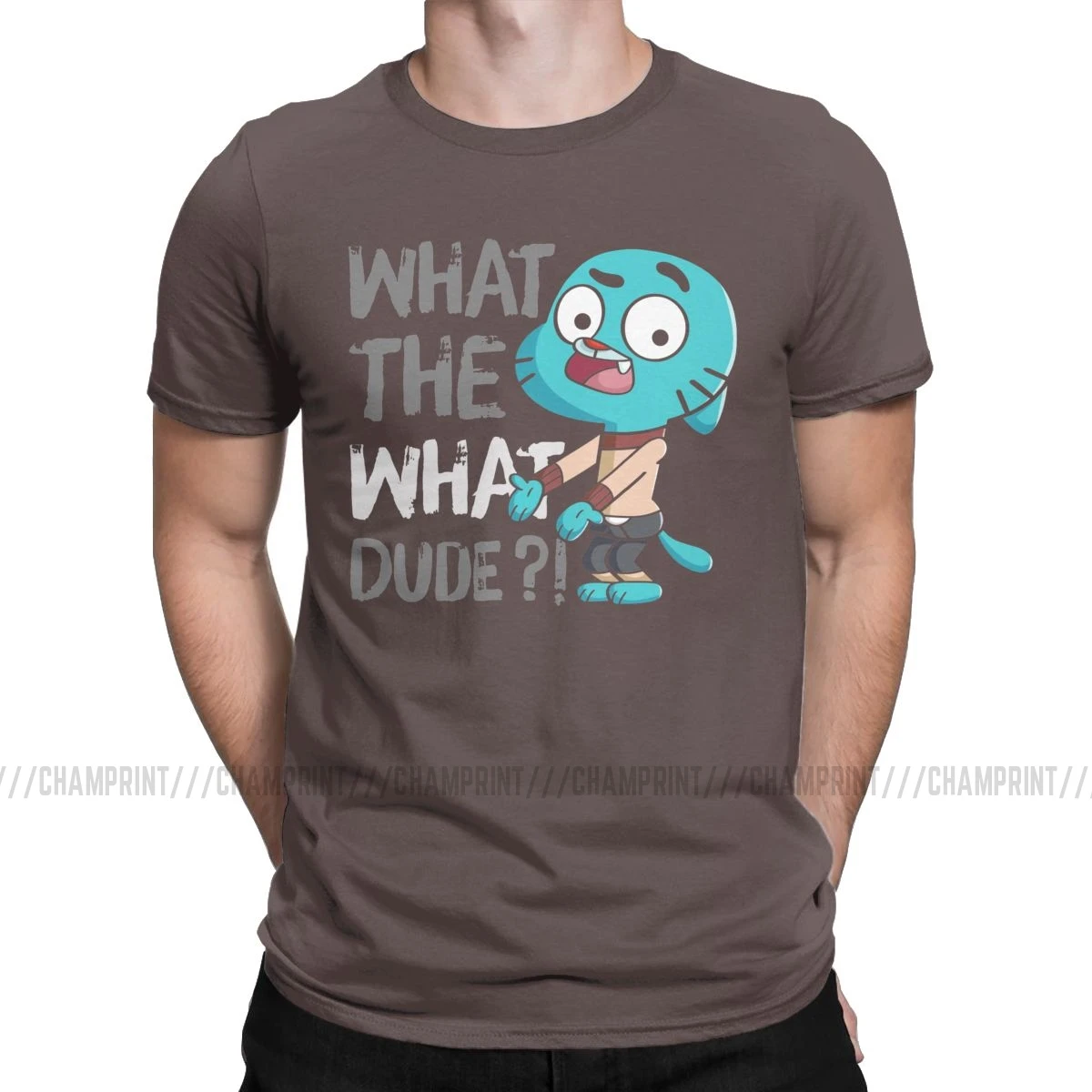 Men T-Shirt What The What Dude Creative Pure Cotton Tees Short Sleeve The Amazing World of Gumball T Shirt O Neck Tops Gift - Цвет: Коричневый