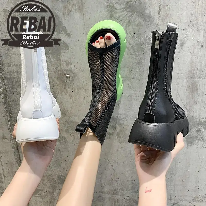 

Summer Thick Bottom Sandals Boots Women 2021 New Hollow Out Mesh Wedge Cool Boots Woman Casual Open Toe Back Zipper Shoes