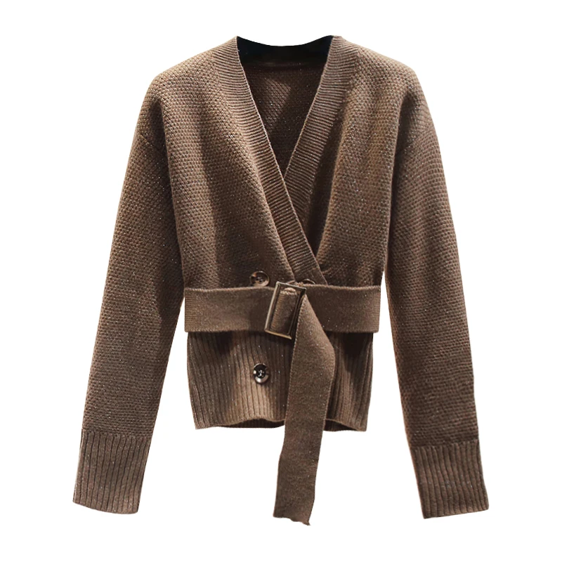 

V-neck Slim Fit Sweater Jacket 2021 Spring Knit Cardigans New Women's Loose Winter Thickening Cardigan Coat with Sashes Top