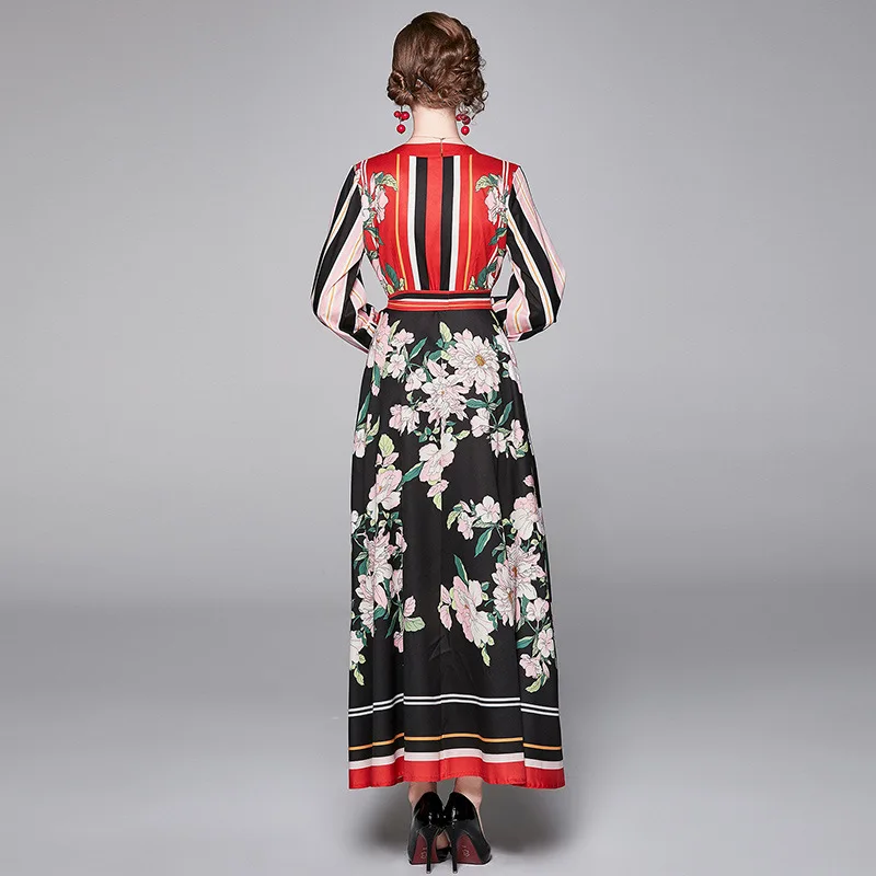

Fashion Vintage Print Women Long Dress Vestidos V Neck Elegant Ankle-Length Drees Female Beach Casual Ladies Sashes Slim Dresses