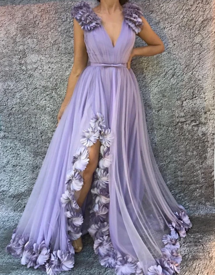 

Lavender Moroccan Evening Dresses A-line V-neck Tulle Flowers Slit Long Turkey Dubai Saudi Arabia Prom Dress Gown