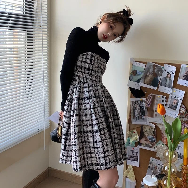 

Large Size French Waist False Two-Piece Patchwork Dress 2021 Women's Autumn and Winter Temperament Style Skirt Rac