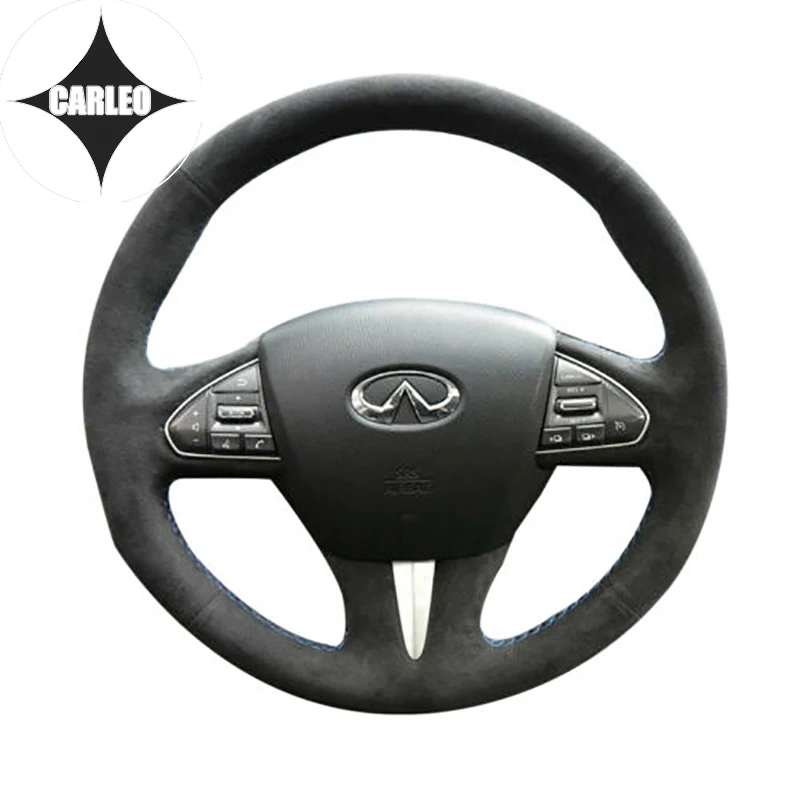

DIY Car Steering Wheel Cover for Infiniti Q50 QX50 Genuine Suede Leather Custom Blue Thread Hand Stitching Holder Top Layer Wrap