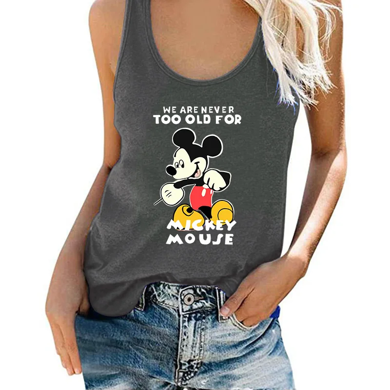 Disney Mickey Mouse print sleeveless T-shirt women summer  off shoulder casual street fashion clothing sleeveless top women