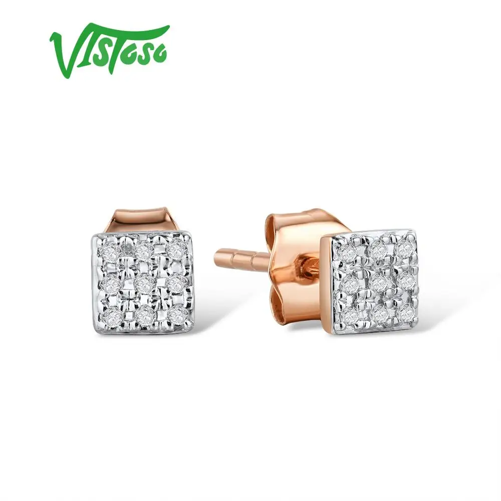 Серьги VISTOSO, золотые, для женщин, 14 K, 585, розовое золото, сверкающие бриллианты, изящные круглые серьги-гвоздики, модные ювелирные изделия