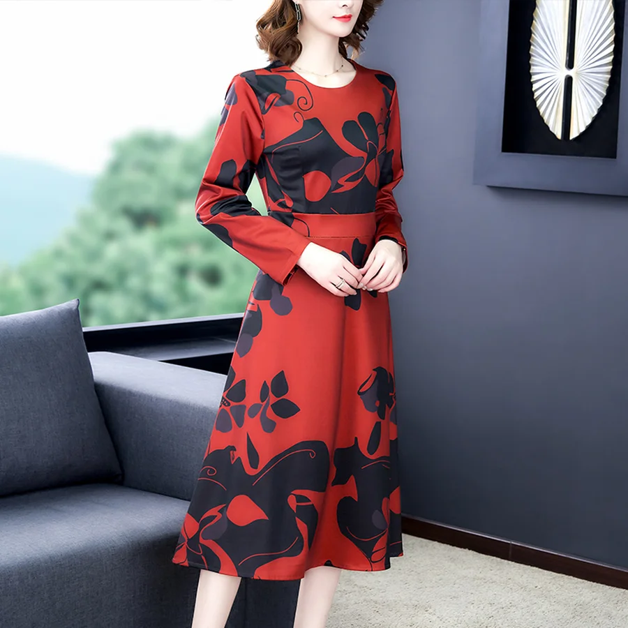 Женские винтажные красные платья миди с принтом на осень и зиму 4XL размера плюс