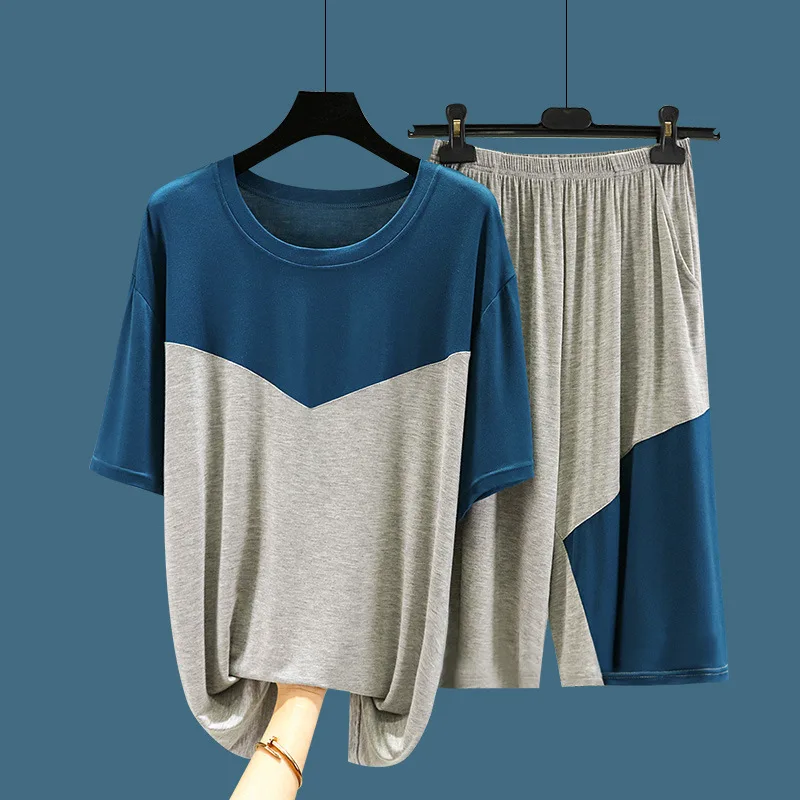 

Пижама Мужская в стиле пэчворк, комплект одежды для сна из модала, рубашка и шорты, Свободная Домашняя одежда, костюм для сна, 2 шт.