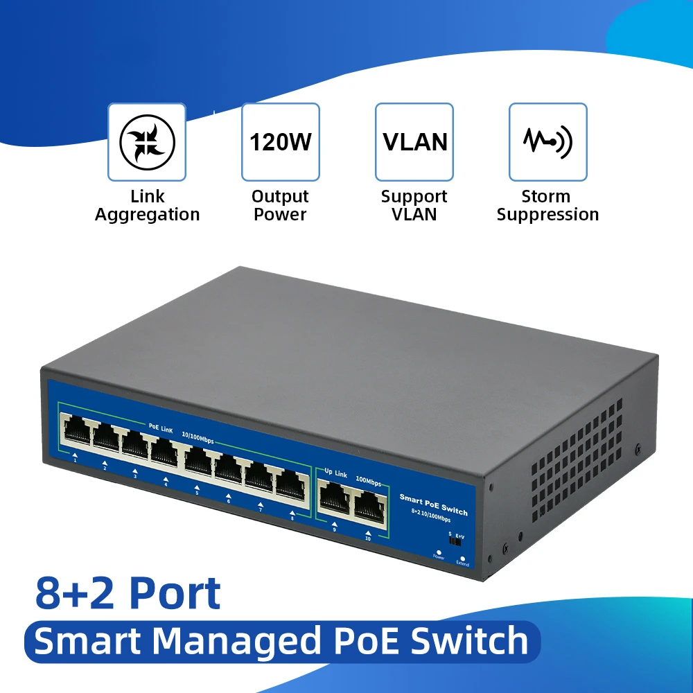 

10 Ports POE Switch 48V Power Over Ethernet Network Switch 8 PoE Switch Injector for IP camera/Wireless AP/CCTV Camera System