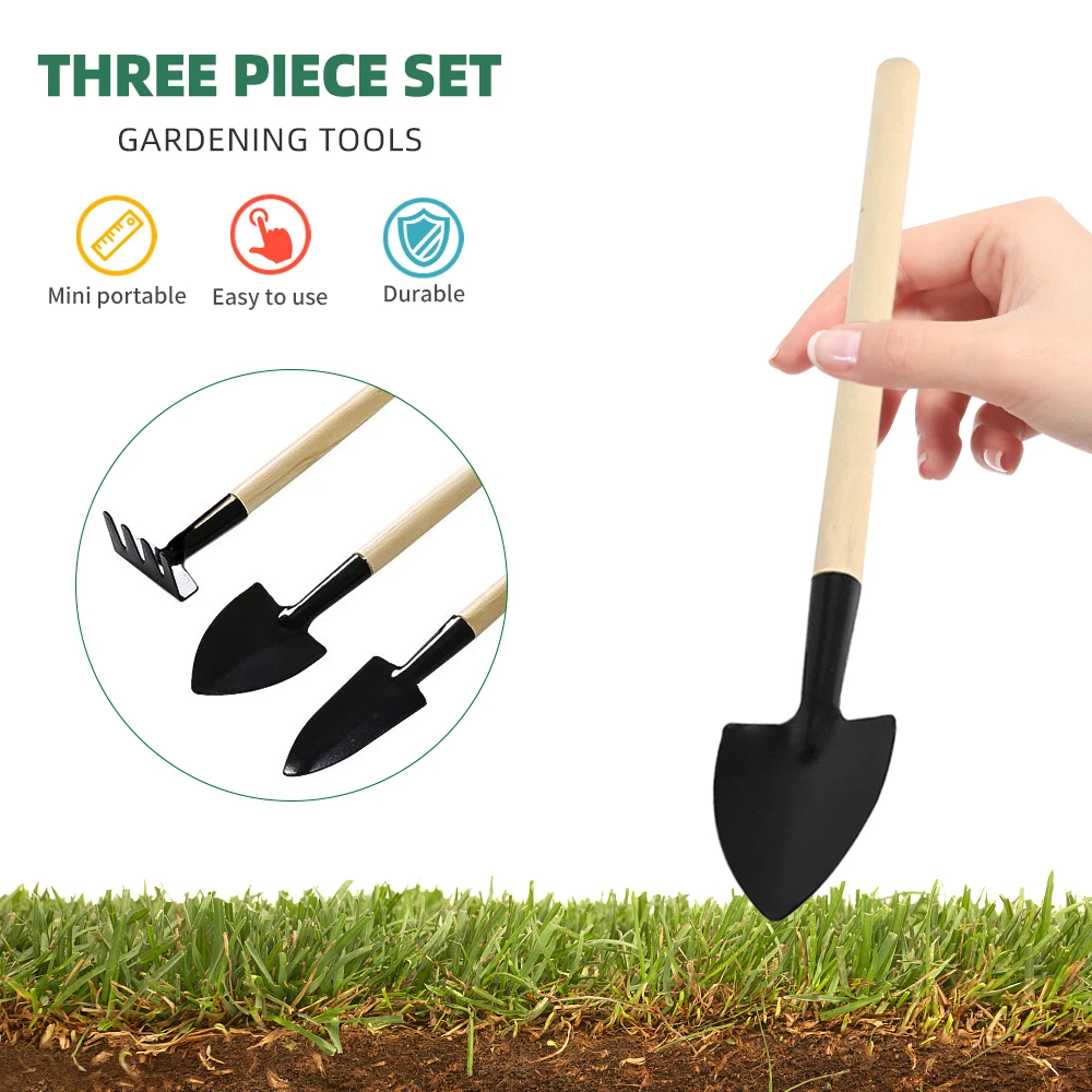 3pcs Mini Portable Gardening Tool Shovel Rake Garden Soil Raising Flowers Wooden Hand Tools Combination