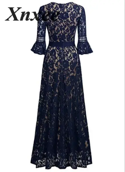Женское элегантное осеннее Новое Кружевное Свободное длинное тонкое платье Vestido de novia - Цвет: Тёмно-синий