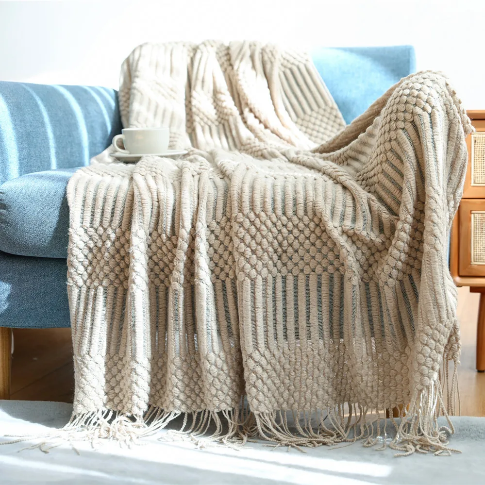 

Hand Knitted Home Blanket On The Bed Sofa Plaid Wave Fringed Couch Sette Cover Siesta Office Chaise Longue Plaid Women Mantas