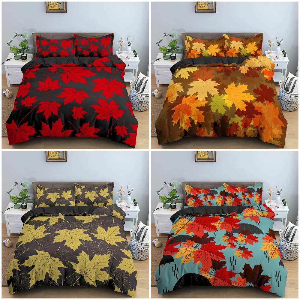 

Colorful Maple Leaves Pattern Bedding Set Bedclothes Autumn Scenery Quilt Cover Microfiber Luxury Home Textile Single King Queen