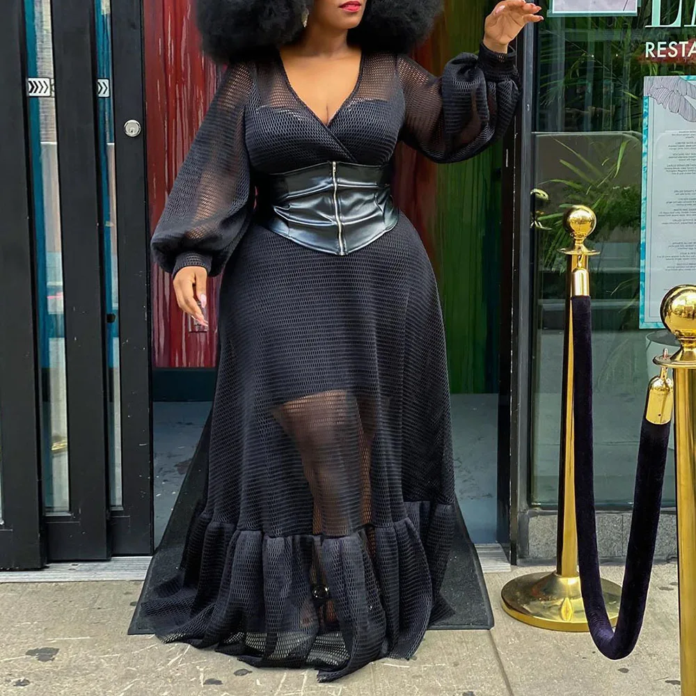 

Black Mesh Sexy Dress Women V Neck See Through Long Sleeve African Women Party Falbala Plus Size Two Piece Maxi Dress Sheer Chic