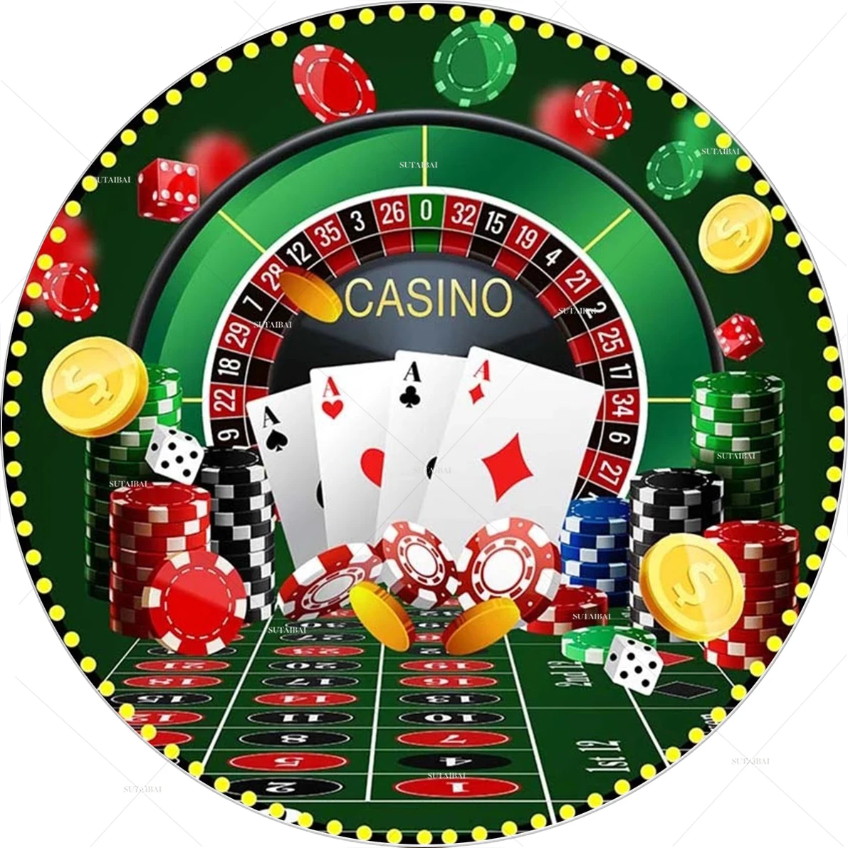 

Casino Night Circle Photo Background Cover Las Vegas Birthday Party Round Photography Backdrop Poker Dice Colored Chips Decor