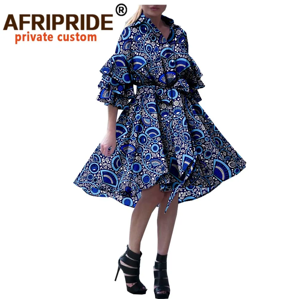 

Afripride Knee Length Dress for Women Tailor Made Flare Sleeves Single Breasted Women Casual Dress with Sash A2025019