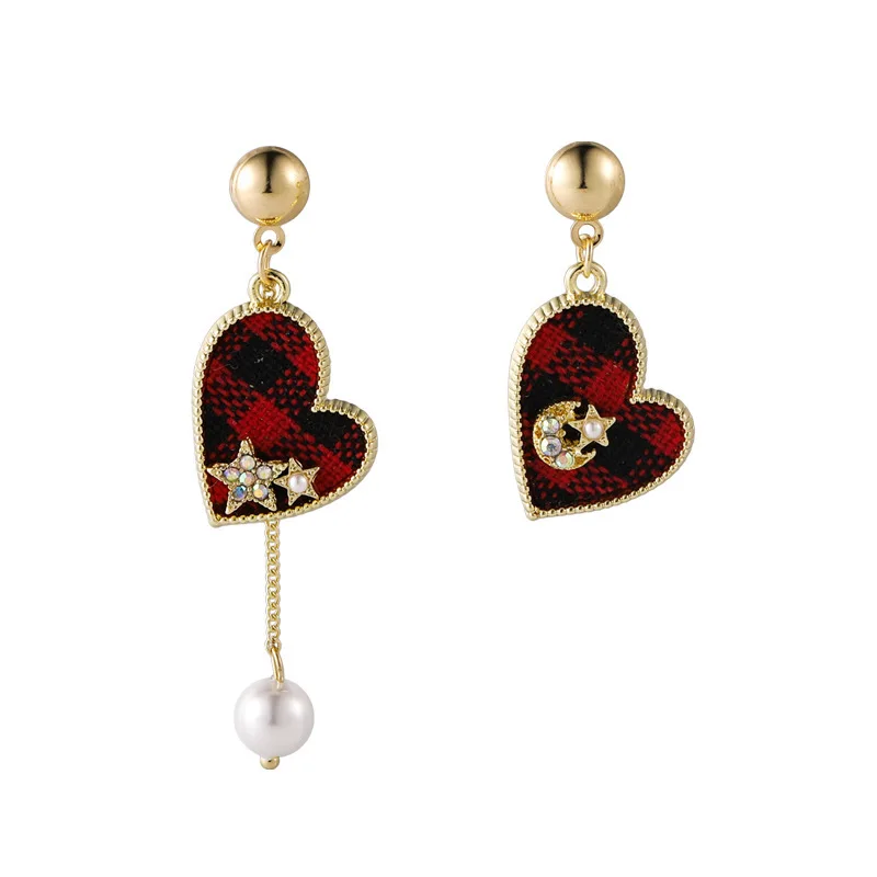 

LOVOACC Korea Asymmetric Plaid Love Heart Earrings for Women Femme Gold Color Metal Imitation Pearl Star and Moon Drop Earrings