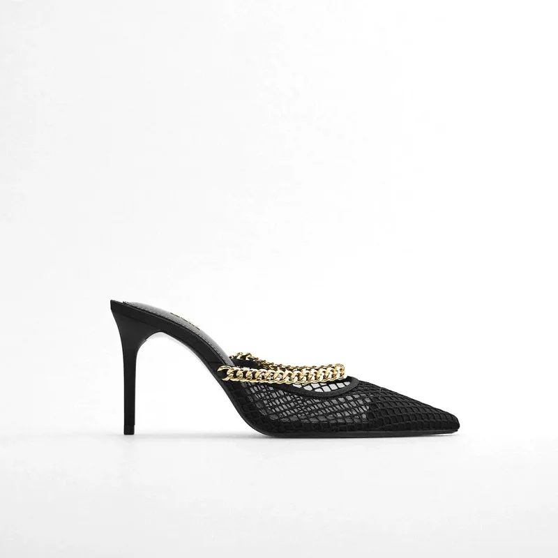

2020 New Female Cool slippers Leisure Black Metal Chain Decoration Mesh Point with High Heels women's Sandals