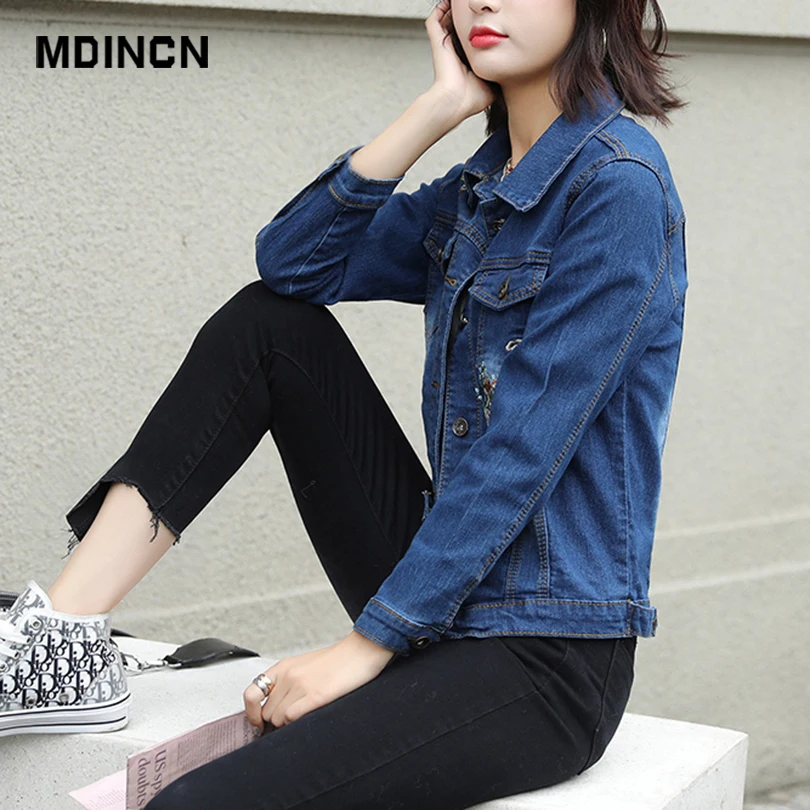 Женские куртки с вышивкой MDINCN облегающие джинсовые цветочной Дамское пальто