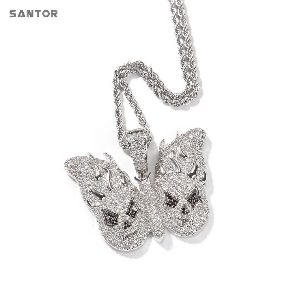 

Hip Hop Flame Butterfly Pendant Ice Out Gold Plated God Face Pendant Necklace For Men And Women