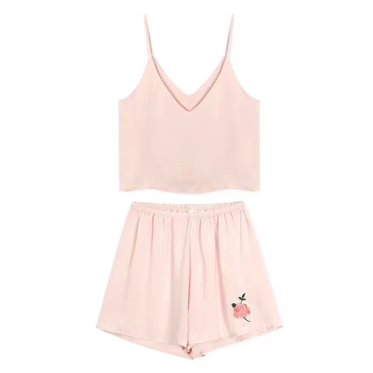 Tops Pajama-Set Shorts Satin Pajama Set Two-Piece Sexy Pure-Color Summer Women For Silk Pijama Mujer Verano | Женская одежда