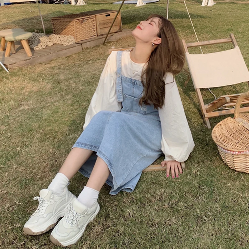 

Young Denim Suspender Skirt for Women 2020 Summer New Korean Style Ins Square Collar Large Pocket Loose Mid-Length A- line Skirt