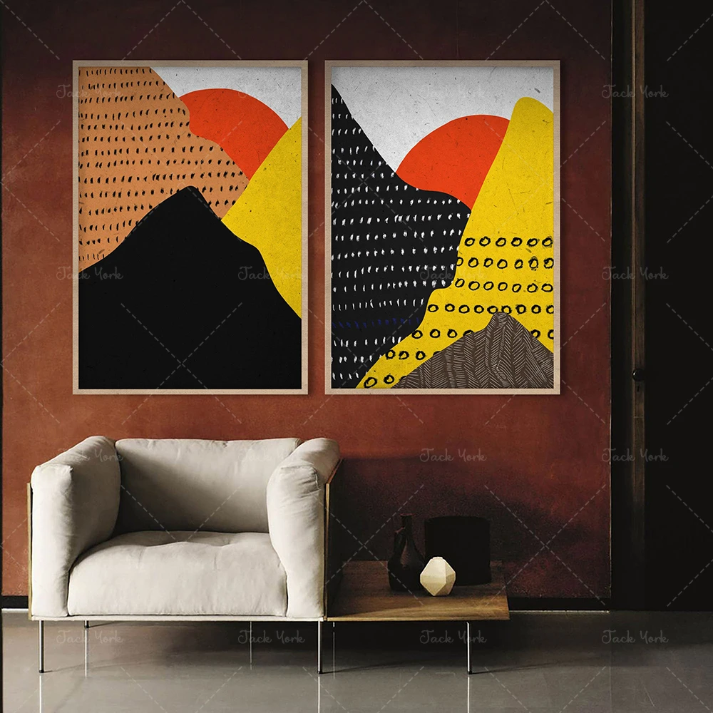 

Abstract Yellow Black and Orange Mountain Set, Modern Landscape, Red Sunset over Mountain, Minimalist Boho Print