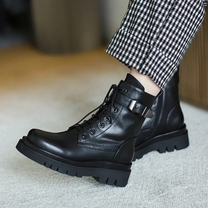 Harga Sepatu Bot Martin Kulit Sapi Asli Sepatu Bot Pergelangan Kaki Ritsleting Ujung Bundar Gaya Inggris Musim Gugur 2020 Bawah Tebal Wanita