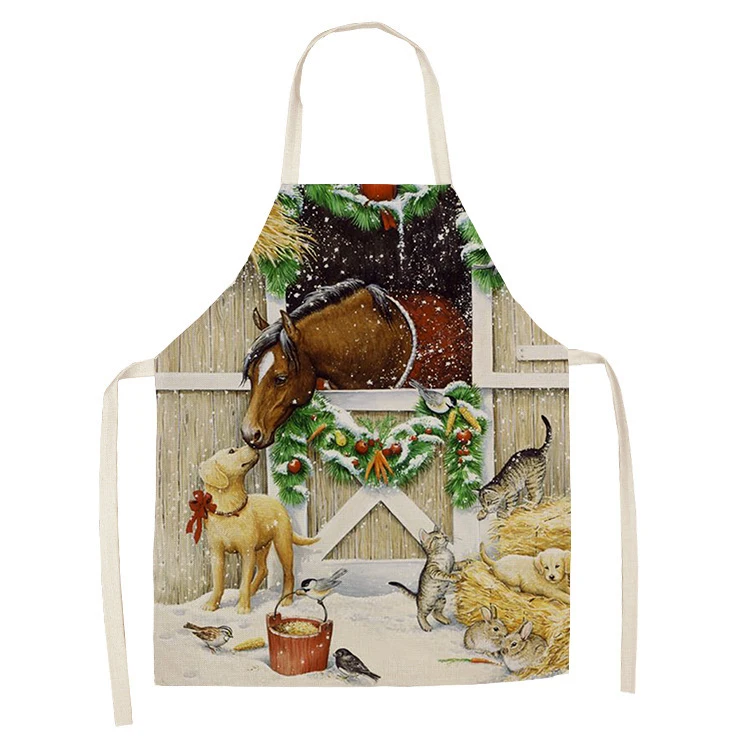 1Pcs Kitchen Apron Christmas horse farm Printed Sleeveless Cotton Linen Aprons for Men Women Home Cleaning Tools 55*68cm | Дом и сад