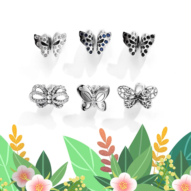 

MEETSOFT Romantic 925 Sterling Silver Butterfly Zircon Beads of DIY handmade Making Fine Jewelry Bracelect components Accessory