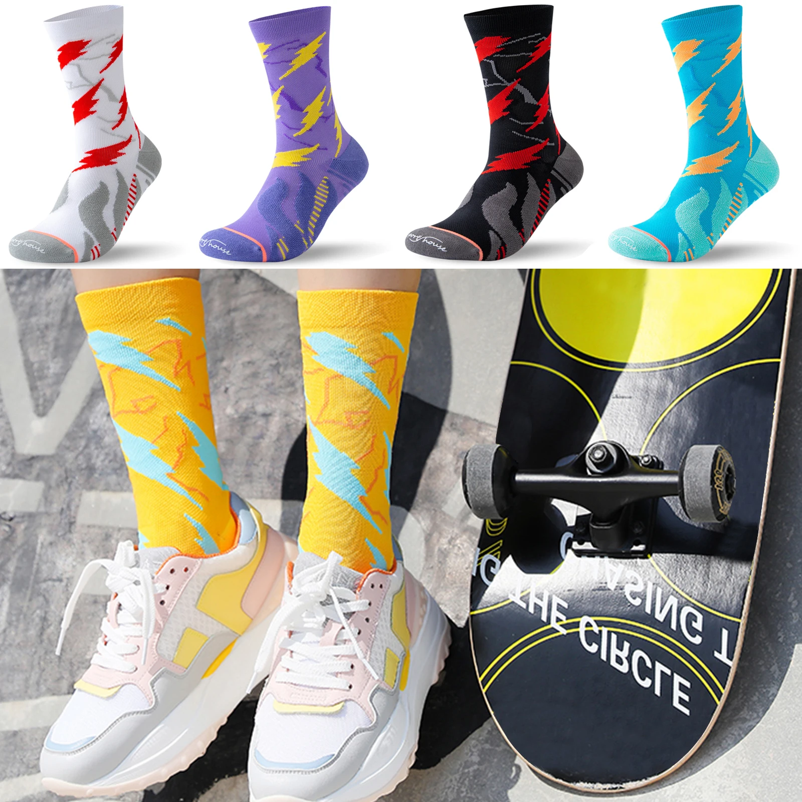

Women Professional Breathable Skateboarding Socks Sweat Absorption Cotton Sport Tube Sock Elastic Non-slip Printed Socks 1 Pair