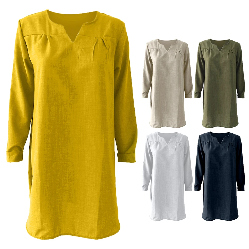 Женское повседневное однотонное платье с длинным рукавом и V образным вырезом