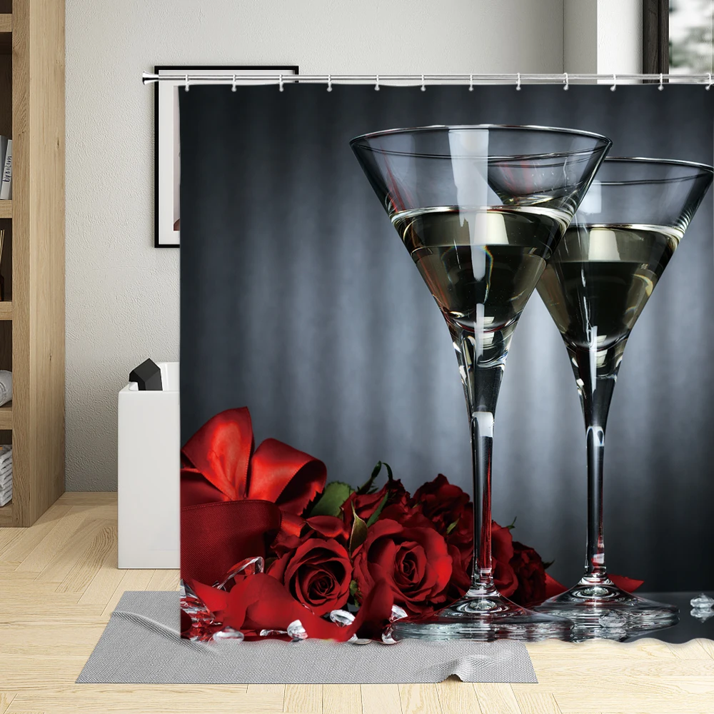 

Fireworks Celebration Red Wine Romantic Champagne Glasses Bathroom Decor Curtains Waterproof Fabric Shower Curtain With Hooks
