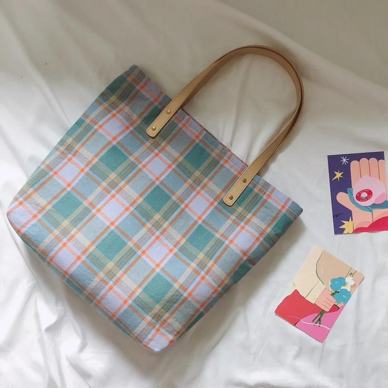 Художественная клетчатая тканевая сумка ручной работы Женская Хлопковая на
