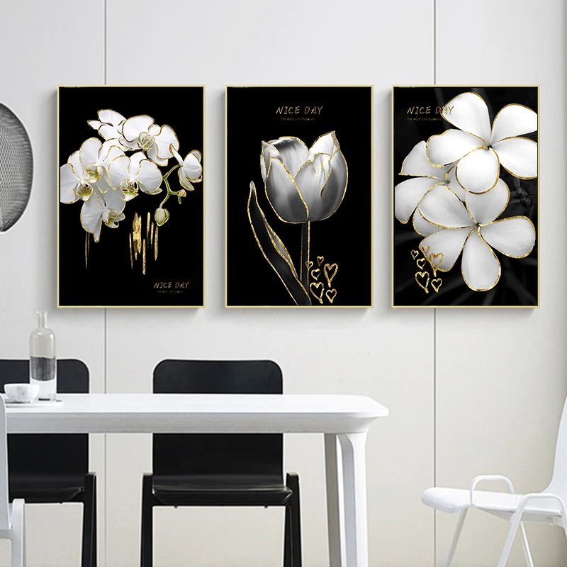 

Black White Flowers Poster Gold Luxury Canvas Print Modern Home Decor Wall Art Painting Nordic Decoration Picture Living Room