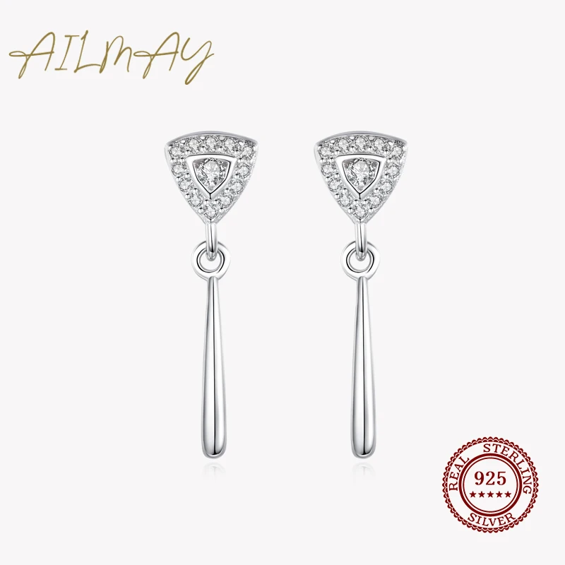 

Ailmay Authentic 925 Sterling Silver Dazzling Clear CZ Simple Triangle Shape Stud Earring For Women Wedding Engagement Jewelry