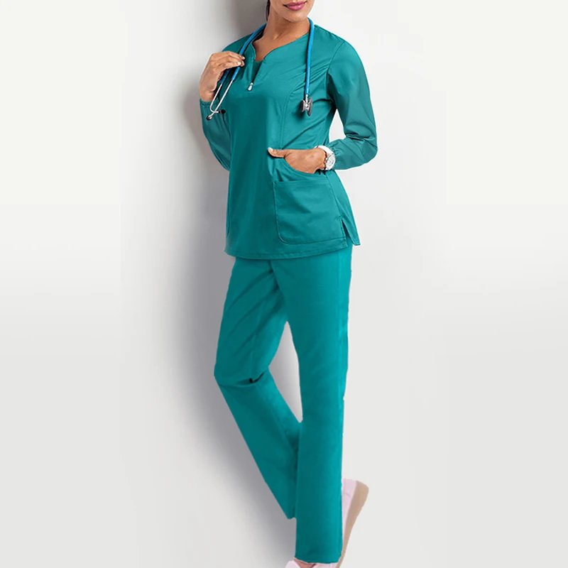 

S-3XL 6Colors Quick Dry V-neck Long Sleeve Top Pants With Pocket Nurse Working Uniform Scrubs Set Breathable Medical Doctor Suit