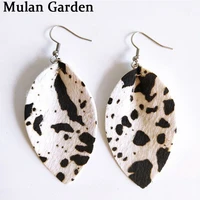 mg 4 colors genuine leather feather earrings leaf pendant plush speckle pattern earrings fashion jewelry women accessories gift