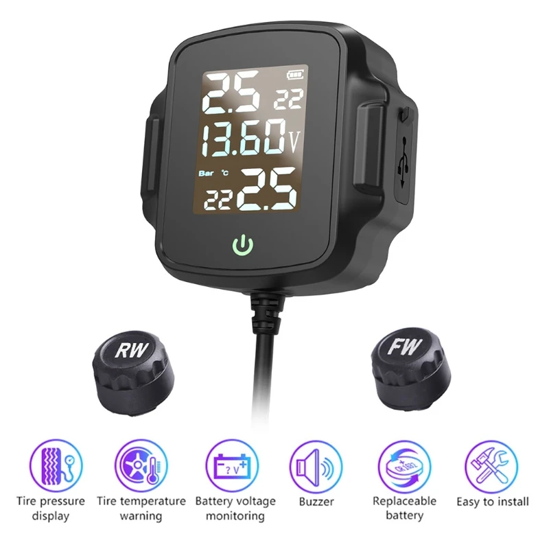 

Motorcycle Real-Time Temperature Tire Pressure Monitoring Alarm System with USB Interface Extension Monitor