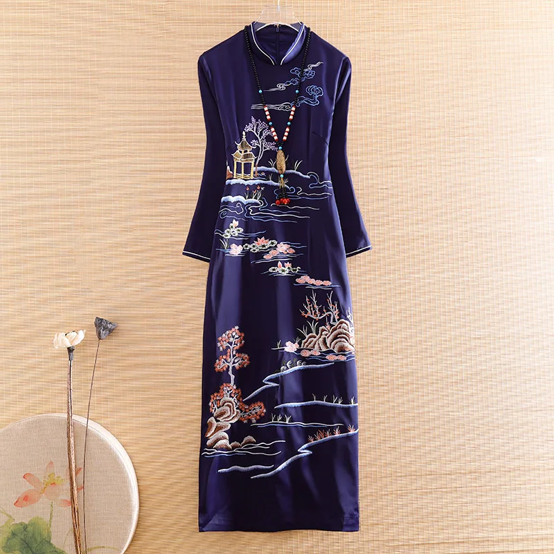 

Chinese Style Women Qipao Dress Autumn Royal Embroidery Courtyard Landscape Elegant Lady Luxurious Cheongsam Dress S-XXL