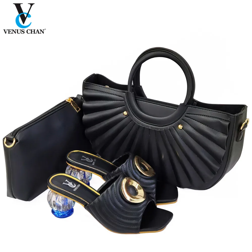 

Slipper 2021 Summer New Coming Italian design Black Color Shoes And Bag To Match Set Nigerian High Heels Party with Mature style