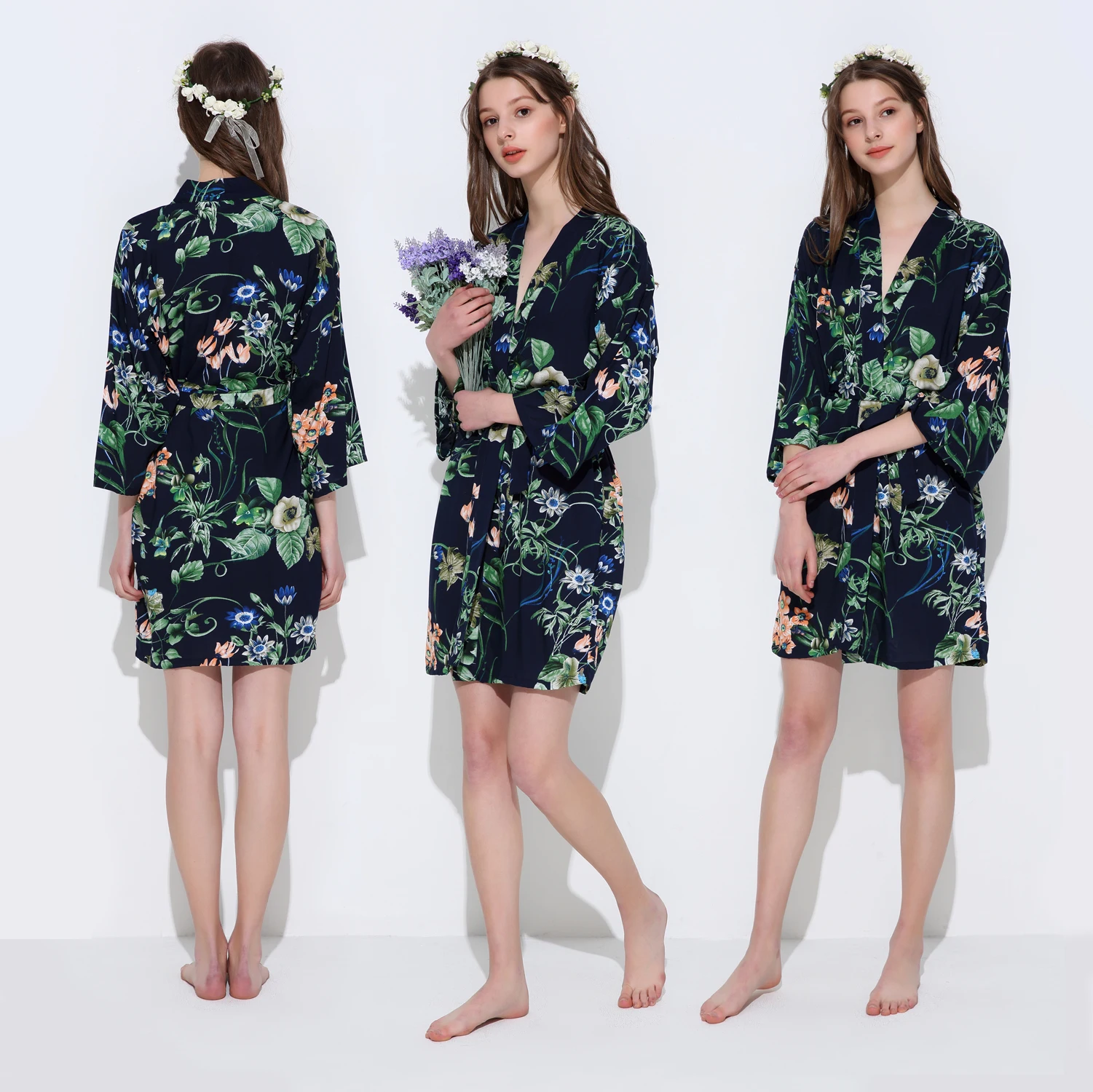 YUXINBRIDAL Wedding Bride Bridesmaid Floral Robe Satin Rayon Cotton Floral Robe Nightgown for Women Kimono Sleepwear Robe