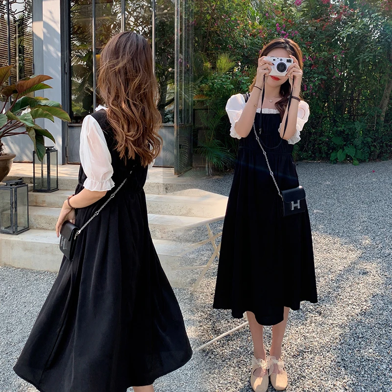 

8023# Summer Korean Fashion Black Maternity Long Dress Elegant A Line Slim Waist Loose Clothes for Pregnant Women Chic Pregnancy