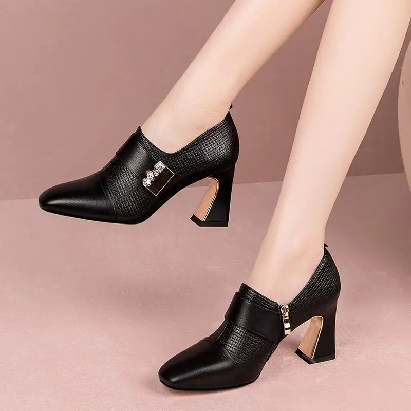 

ALLBITEFO fashion brand genuine leather square toe women shoes thick heels office ladies shoes autumn girls shoes women heels
