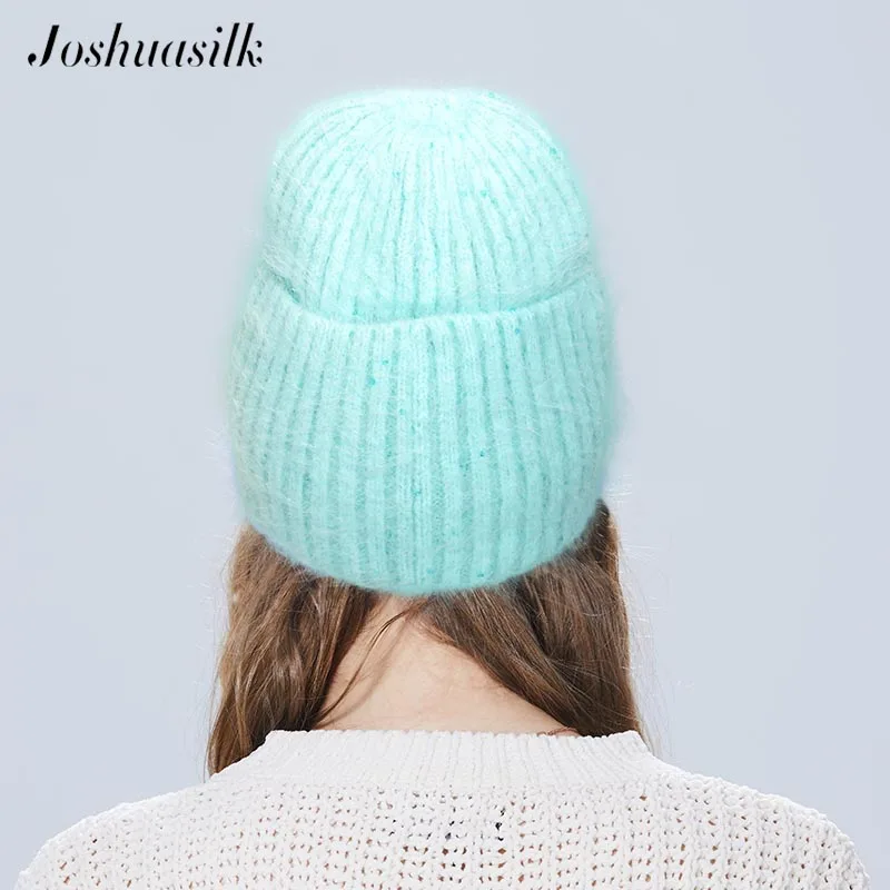 

Joshuasilk Women's Angora Hat Winter Knitted For Girl With Lapel Double With Lining