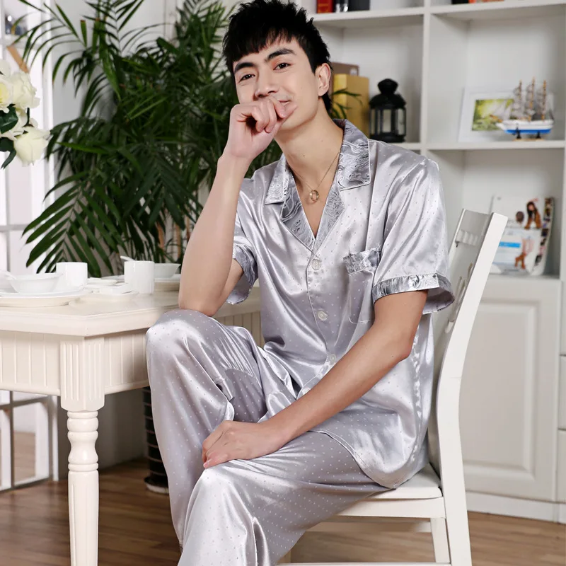 

Two-piece Ice Silk Pajamas Men Long Sleeve Pijamas Sleep Tops Trousers Thin Men Pajamas Set Sleepwear Mens Clothing Sets
