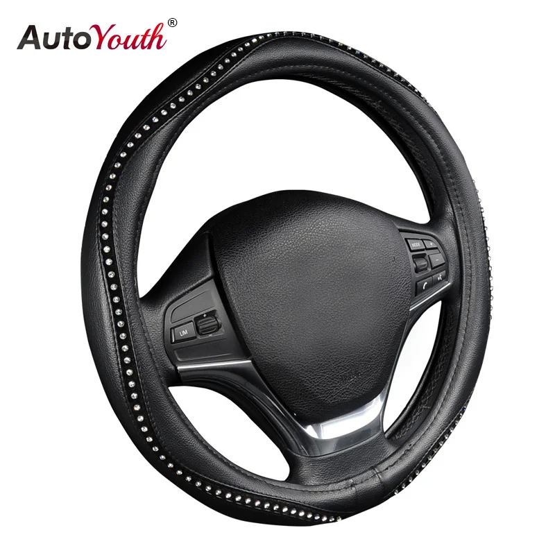 AUTOYOUTH, Модный чехол на руль, черный, Lychee, с узором, с роскошными кристаллами, стразы, размер M, подходит для 38 см/15 дюймов