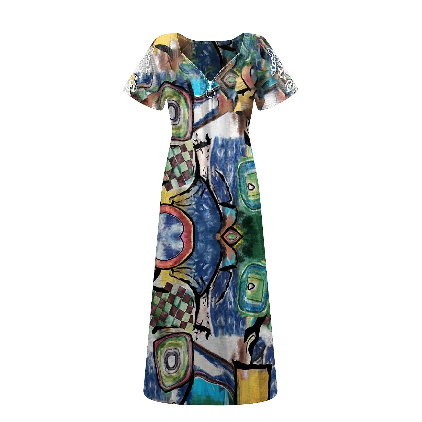 

Zipper Floral Print Short Sleeve Dress Women Sexy Summer V Neck Casual Elegant Vintage Plus Size Hollow Out Dresses Streewear